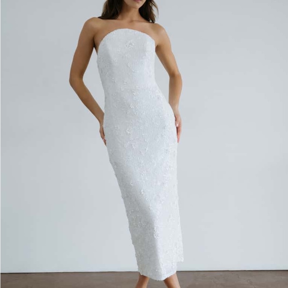 Jenny Yoo Frances Strapless White Beaded Midi Gown